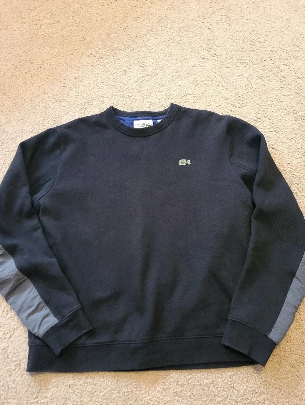 Men's L, Lacoste Black Crewneck Sweatshirt with Gray Sleeve Panels